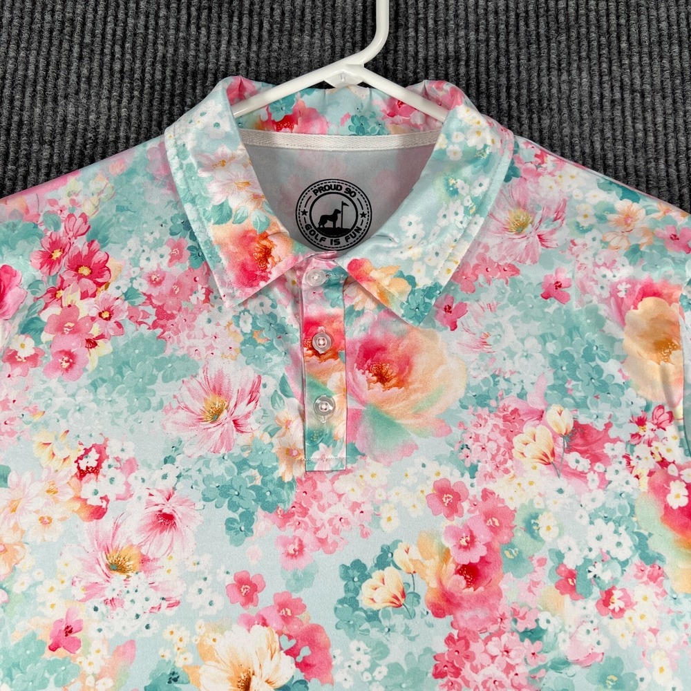Proud 90 Golf Polo Shirt Mens Medium White Floral Short Sleeve Casual Outdoor